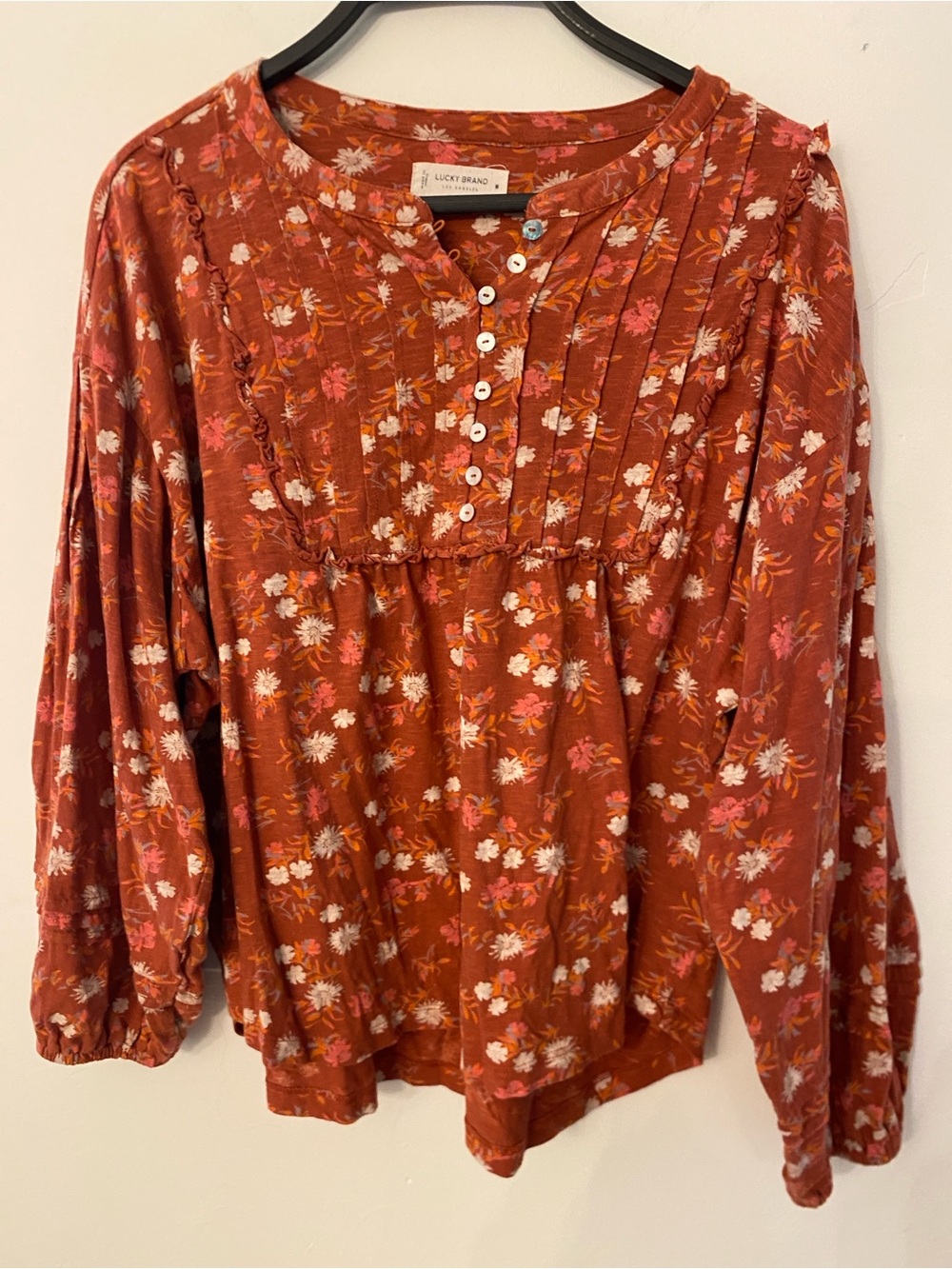 Lucky Brand Burnt Orange Floral Pintuck Button-Front Tunic
